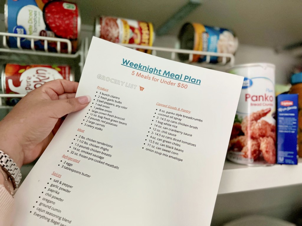 weeknight meal plan next to canned goods