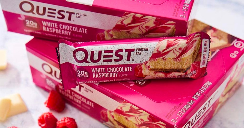 quest white choclate raspberry bar on top of 12 count box