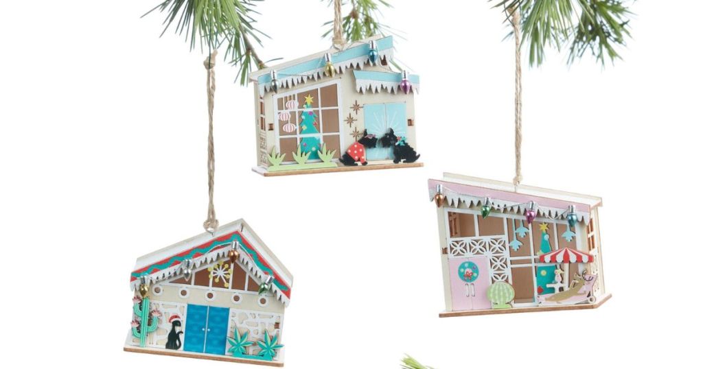 Wood Mid-Century House Ornaments Set Of 3 