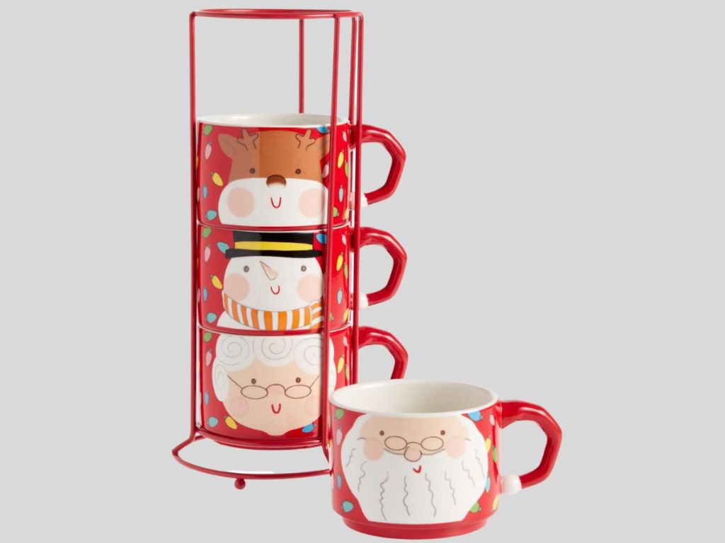 Red Holiday Stacking Ceramic Mugs With Rack 4-Piece Set
