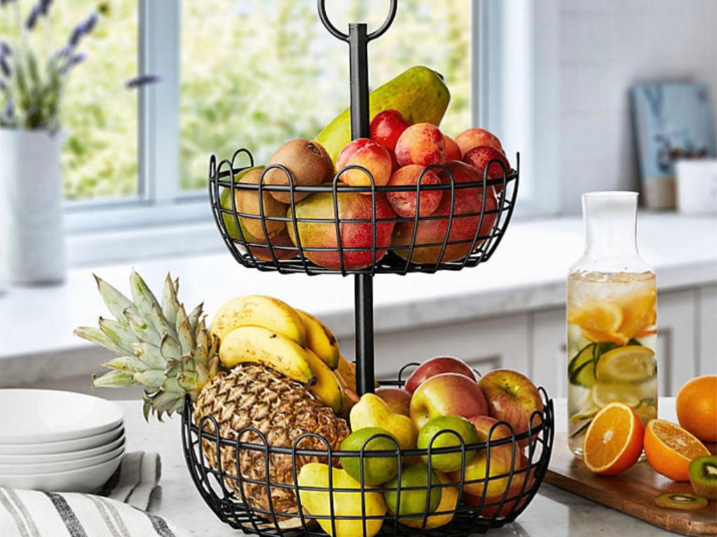 2 tier fruit basket on kitchen counter