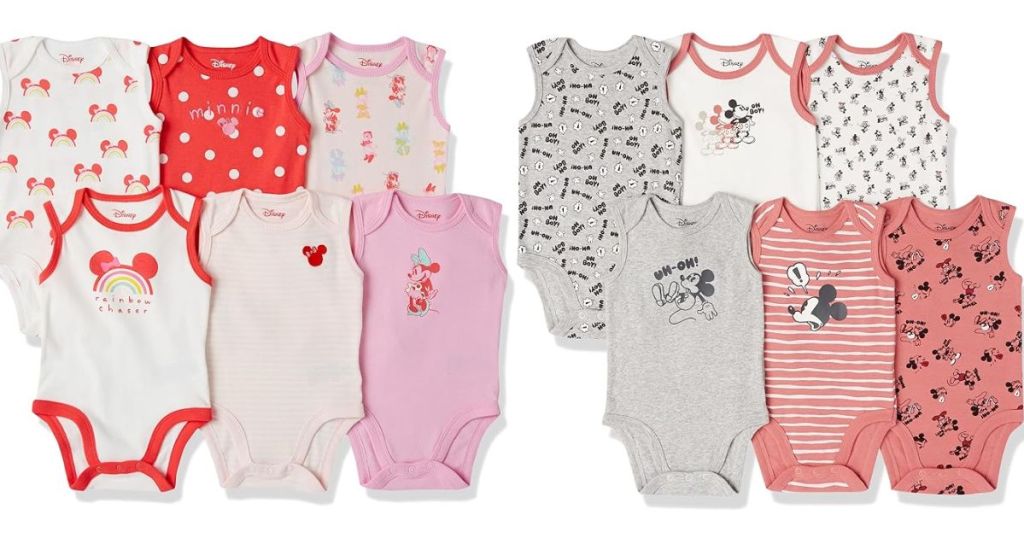 Disney Baby 6 pack sleeveless bodysuits shown in Minnie Mouse and Mickey Mouse designs