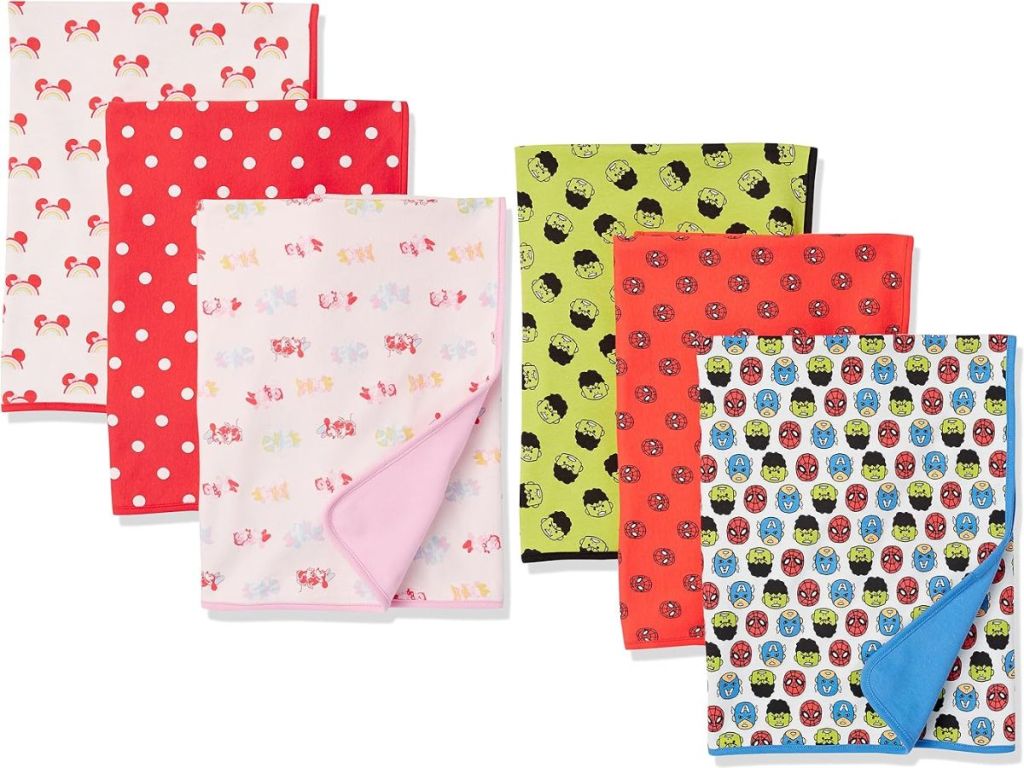 Disney baby swaddle blanket sets shown in Minnie Mouse and Marvel