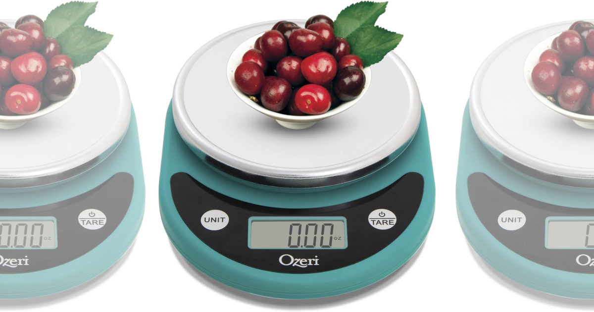 3 stock images with Ozeri ZK14 Pronto Digital Multifunction Kitchen and Food Scale in Black on Teal with cherries in a bowl