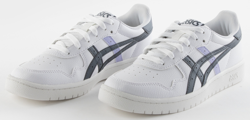 Pair of white ASICS women's shoes with blue accents on the ASICS logo.