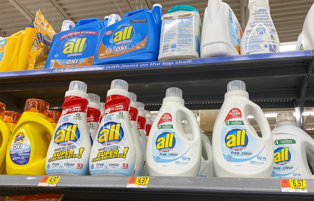 all free clear detergents on store shelf