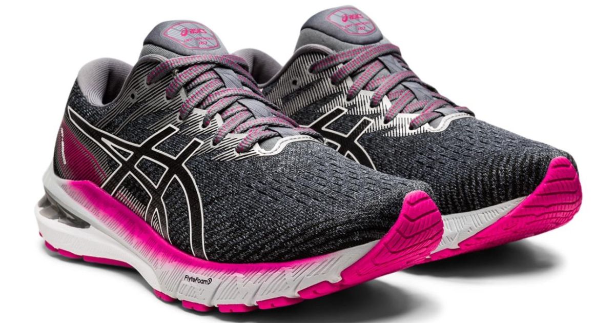 black white and pink Asics shoes