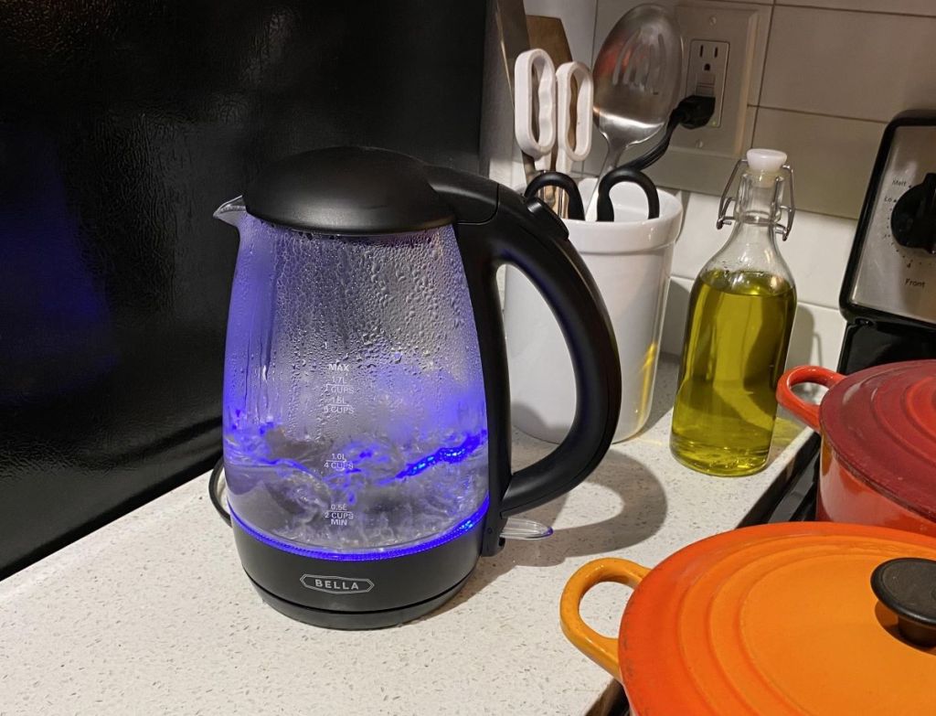 Tea kettle with a blue light at the bottom