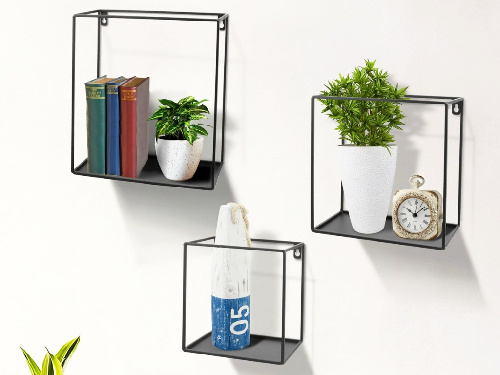 3 floating wire cube shelves on wall