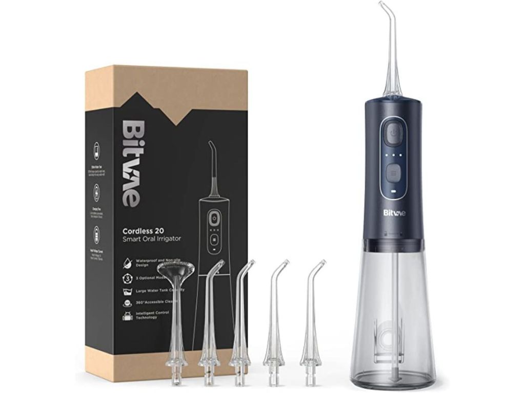 Bitvae Water Flosser in Dark Blue with 5 different heads and packaging