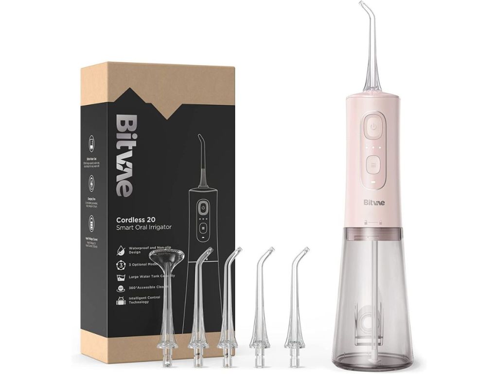 pink Bitvae water flosser and 5 heads with packaging