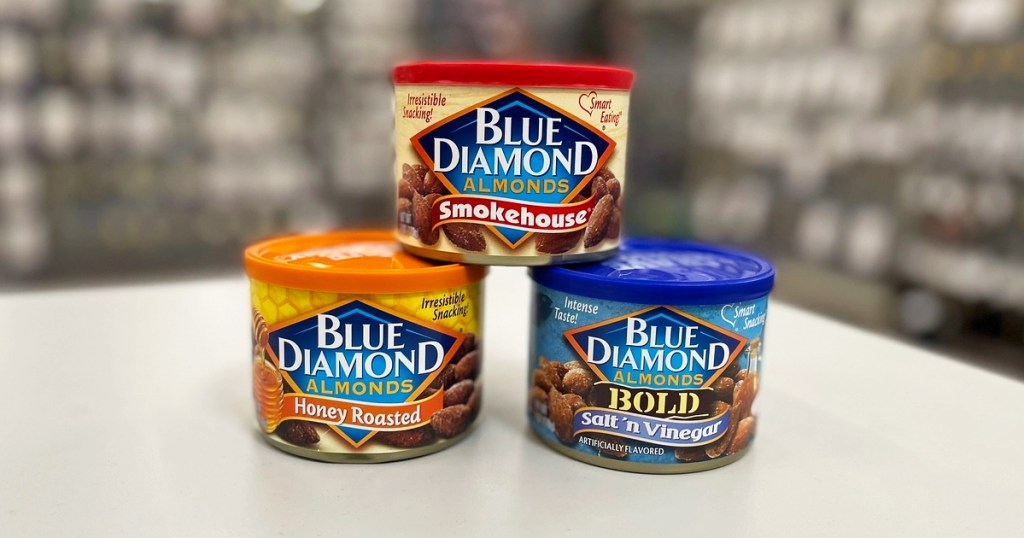 stacked cans of blue diamond almonds