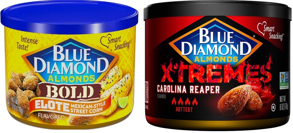 two cans of Blue Diamond Almonds