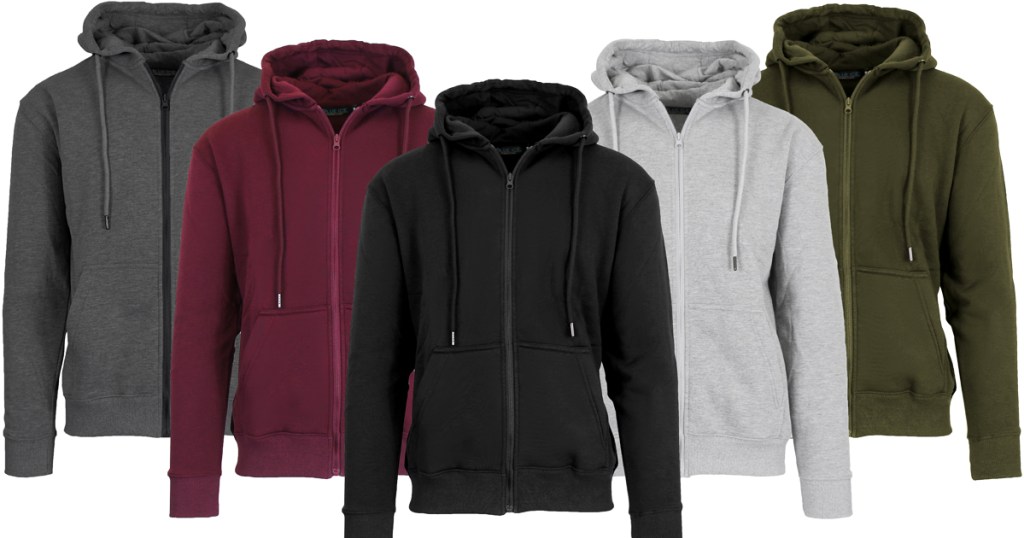 5 zip up hoodies in various colors