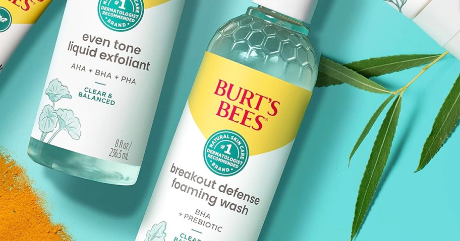 bottle of Burt's Bees Foaming Facial Cleanser near other facial products