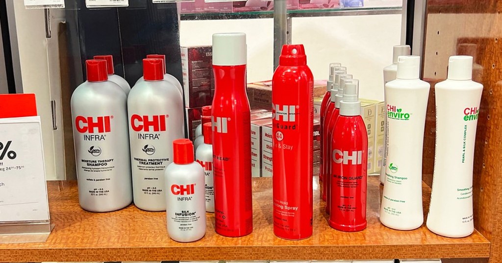 CHI haircare products on wood shelf