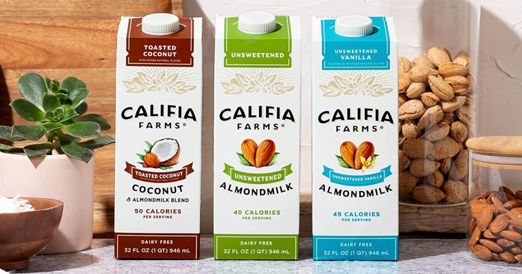 three cartons of Califia Farms Almond Milk on counter