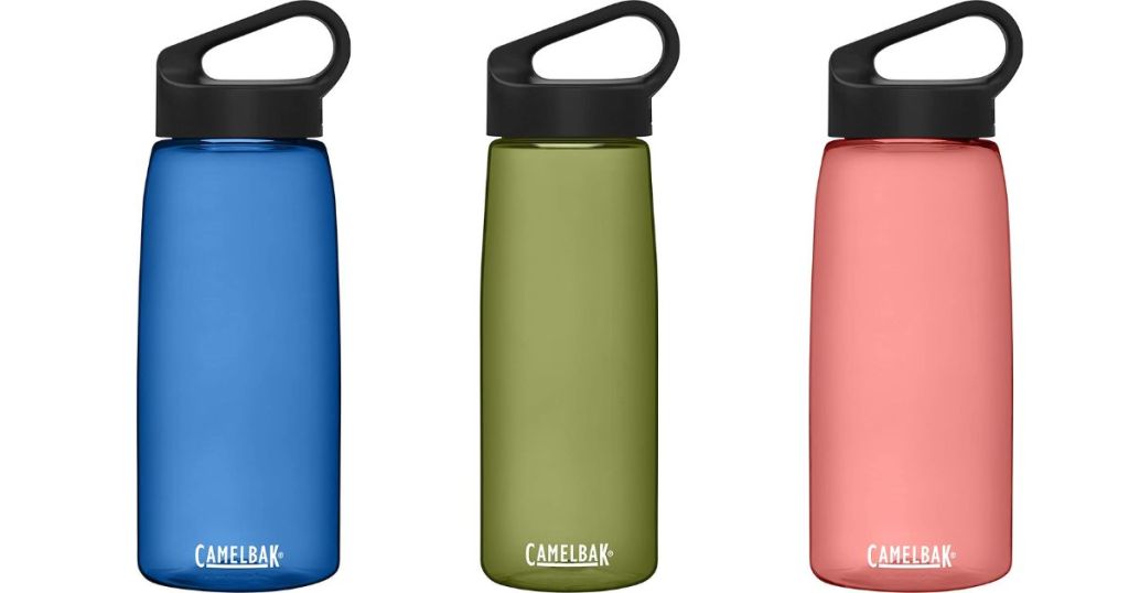 Blue, green, and pink Camelbak water bottles