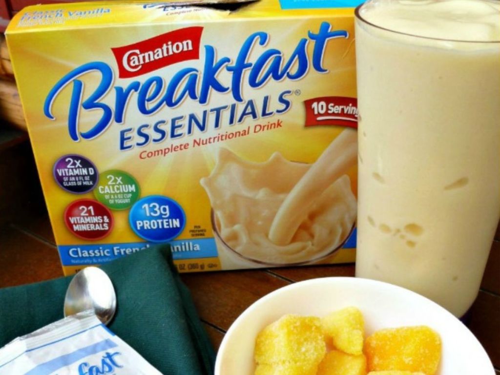 Carnation Breakfast Essentials powder packets box with drink