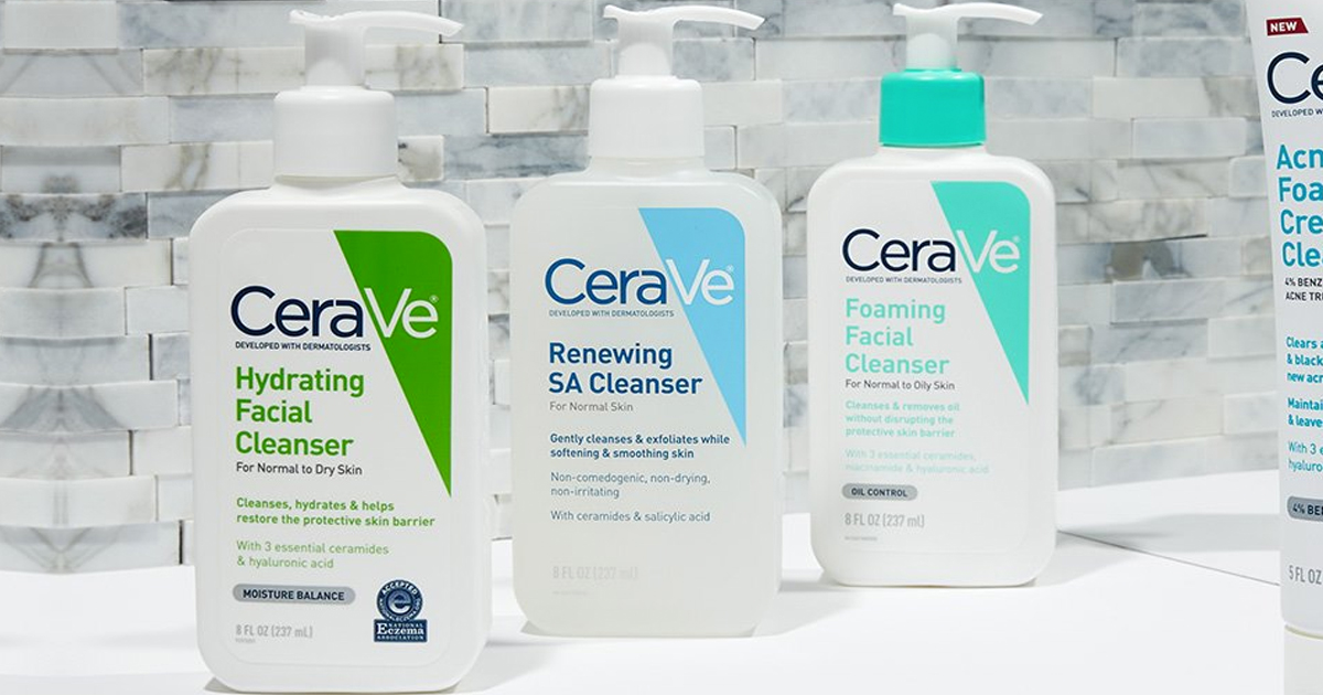 multiple bottles of cerave cleansers in a row