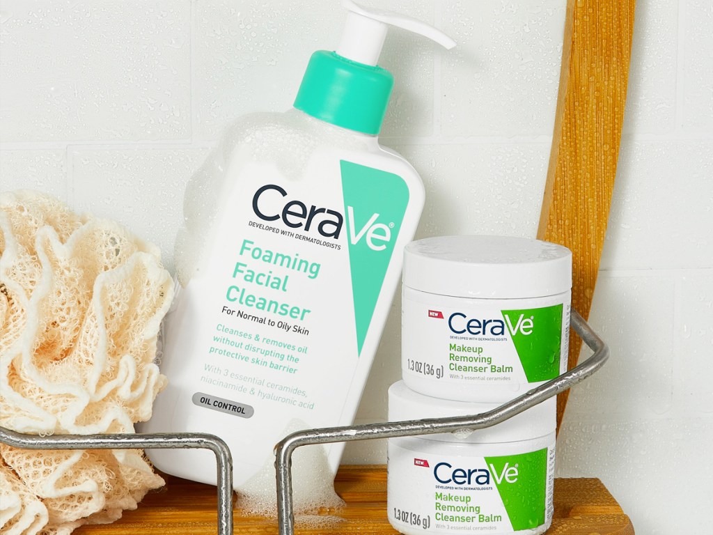 cerave cleansers in shower caddy