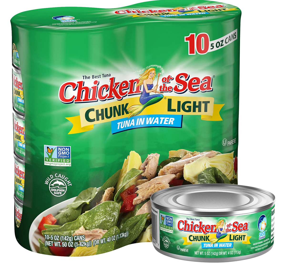 green pack of chicken of the sea tuna cans