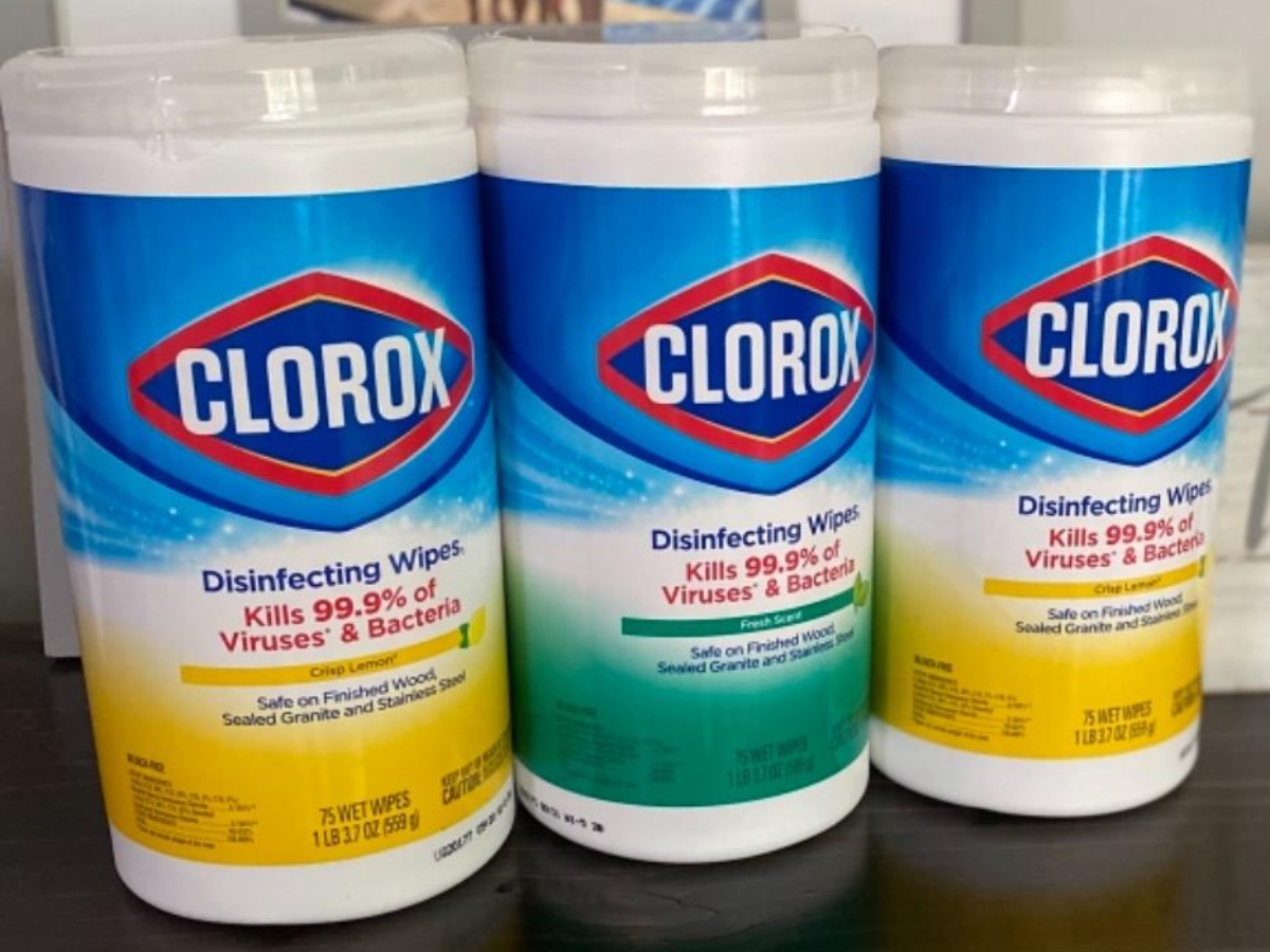 three canisters of Clorox disinfecting wipes lined up on a table