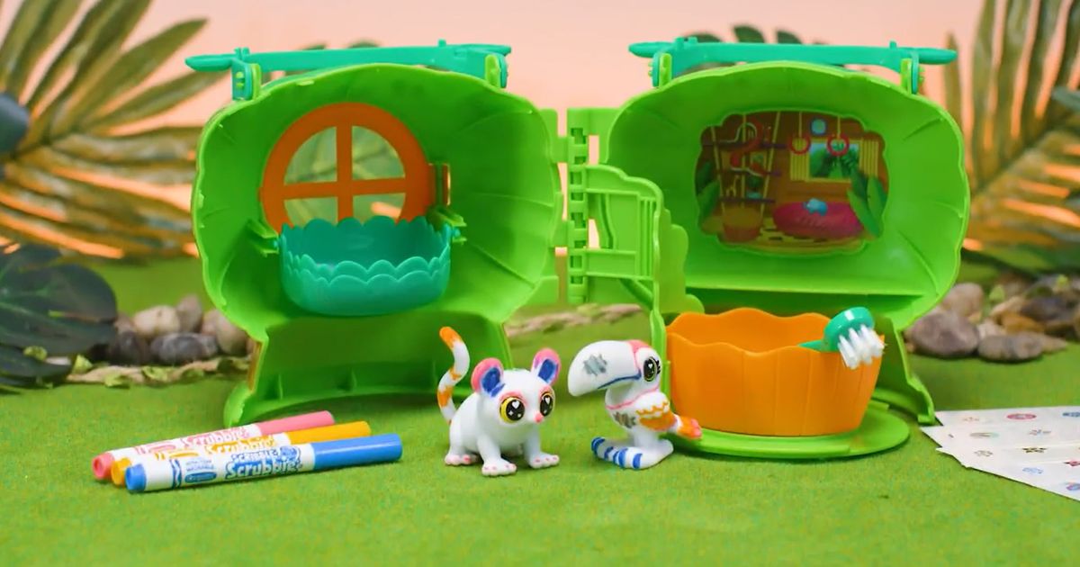 treehouse playset and animal toys and Crayola markers
