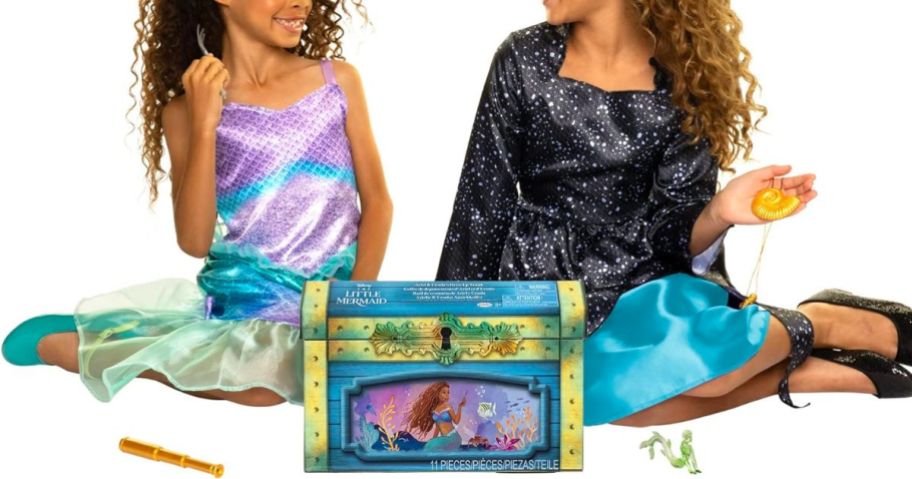 Two little girls wearing their Disney The Little Mermaid Ariel & Ursula Dress Up Trunk2