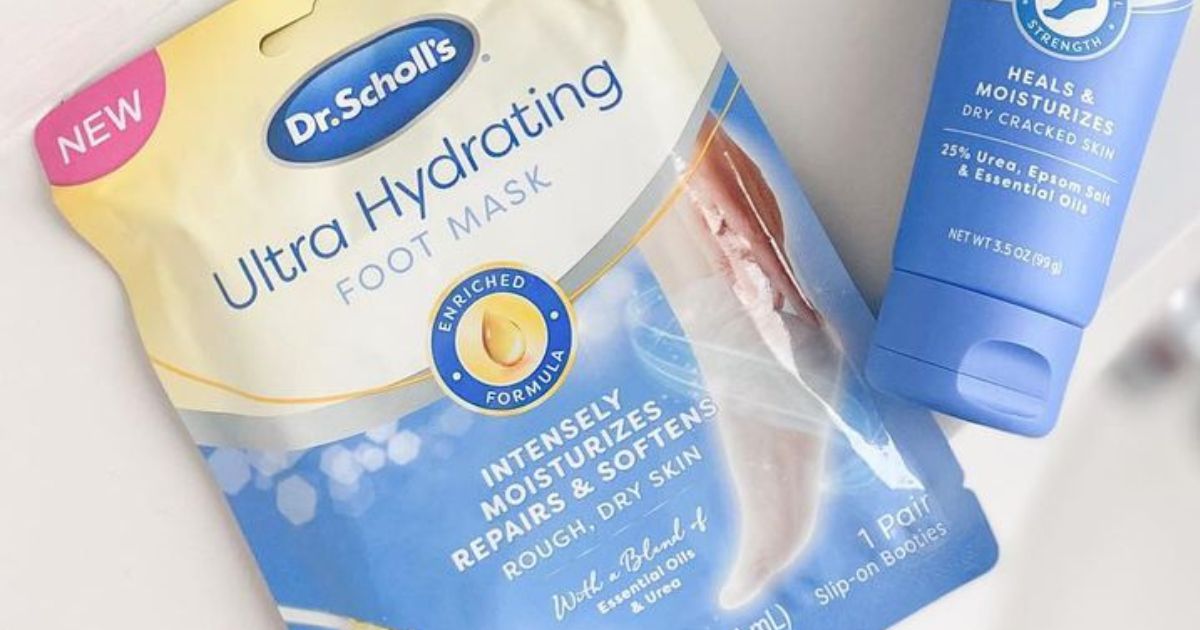 Dr. Scholl's Hydrating Foot Mask packet next to a tube of lotion