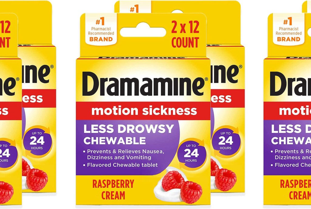 Dramamine Motion Sickness Less Drowsy Chewable 12 Count 2 Pack in Raspberry Cream three stock images