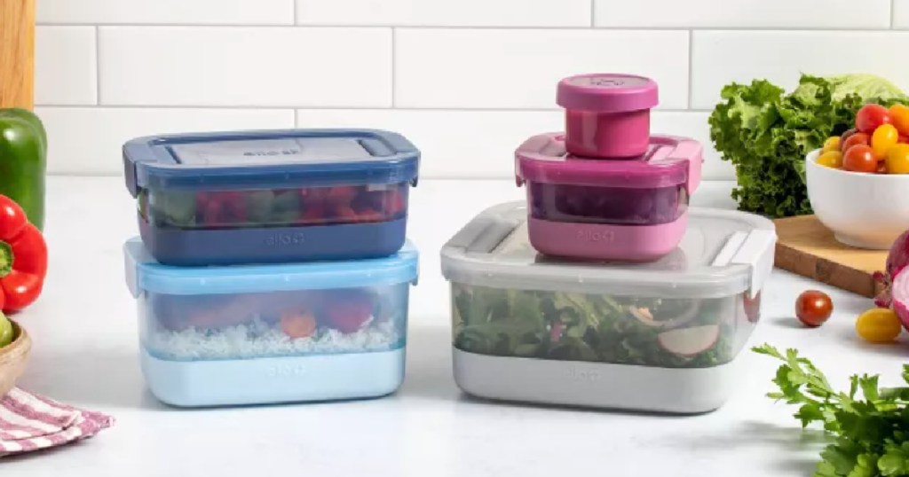 multi colored plastic food storage on counter