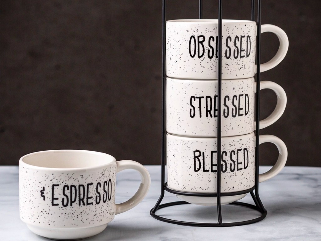 Home Essentials White & Black Speckled Sentiment Espresso Mugs 4-Pack