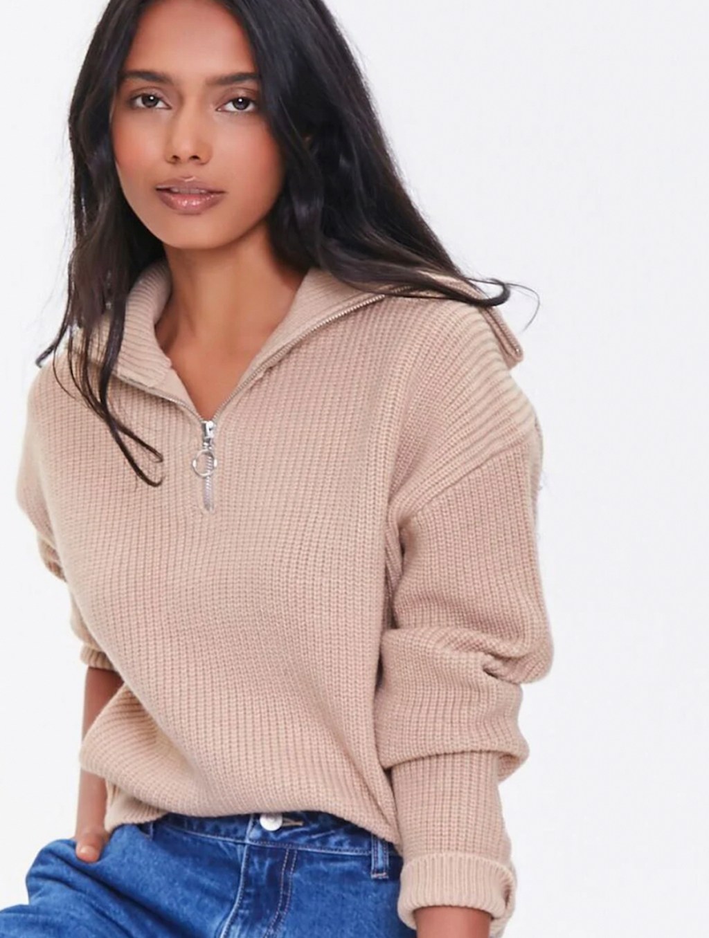 anthropologie clothes woman posing in pink half zip pullover