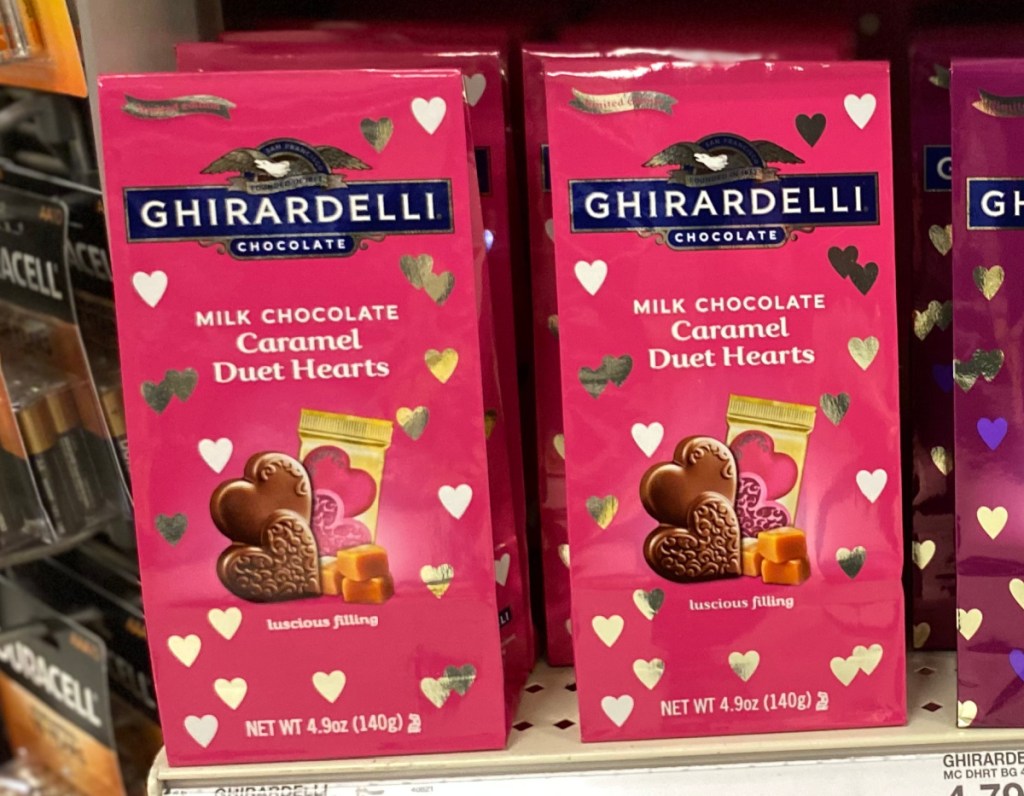 Two packages of Ghiradelli Milk Chocolate Caramel Duet Hearts which is some of the best Valentine's Day Candy for 2024
