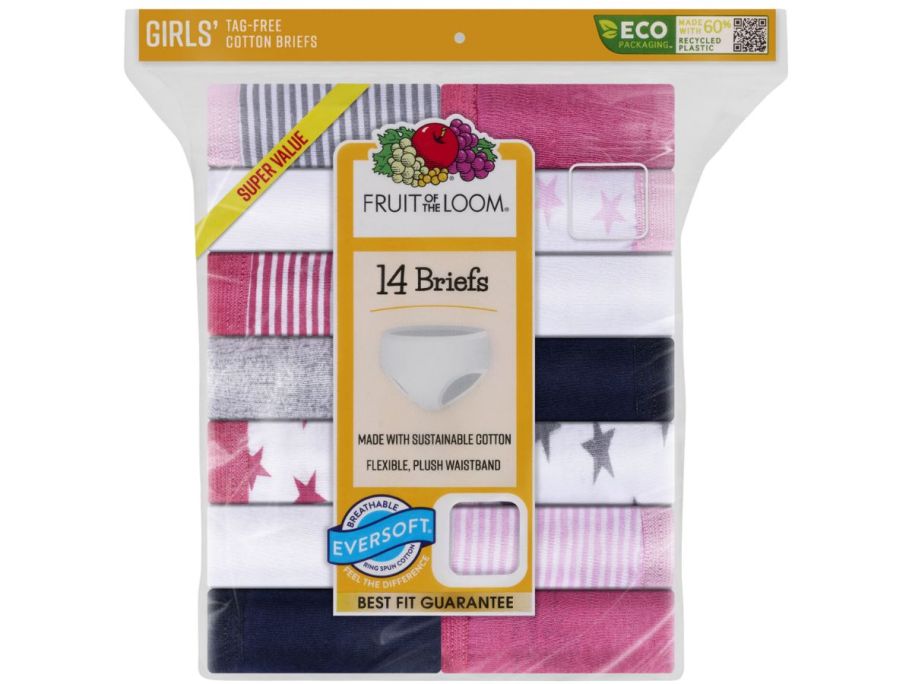 a package of Fruit of the Loom Girl'sEversoft Briefs 