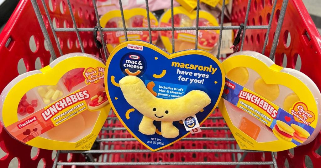 A Target Shopping cart filled with Gummy Lunchables & Mac & Cheese