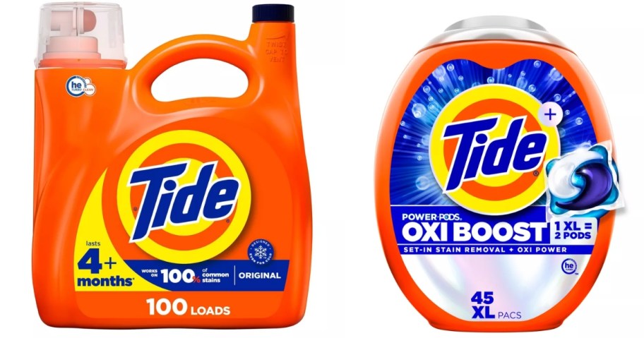 a large orange bottle of Tide Liquid Laundry Detergent and a container of Tide Pods