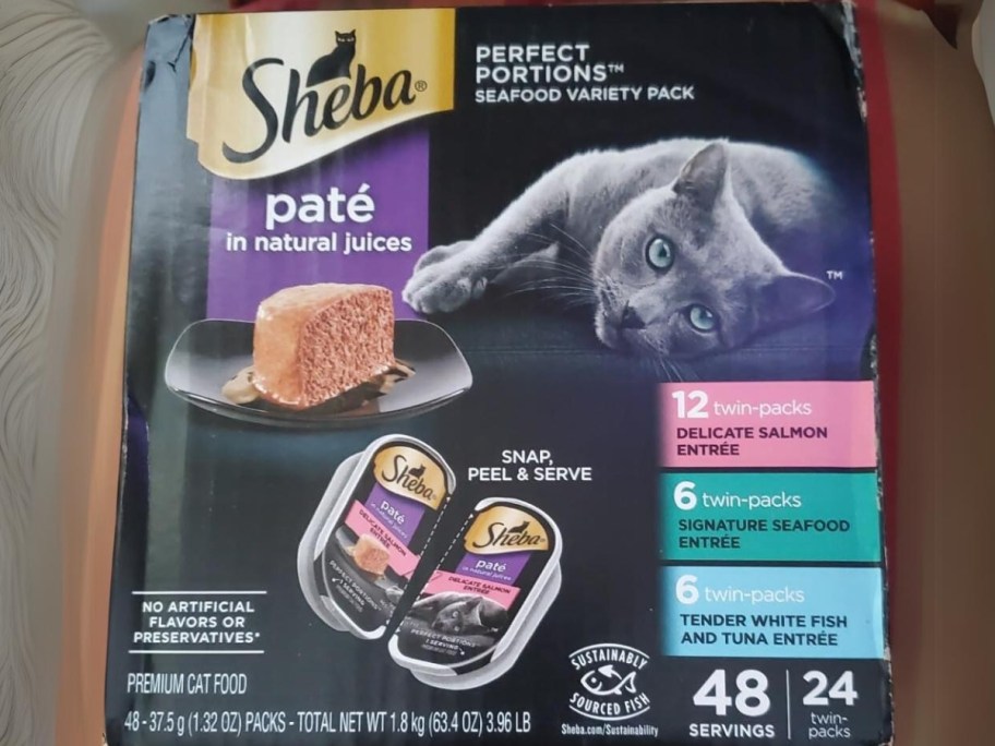 large box of Sheba Paté Perfect Portions Seafood 24 Twin-Packs (48 Servings)