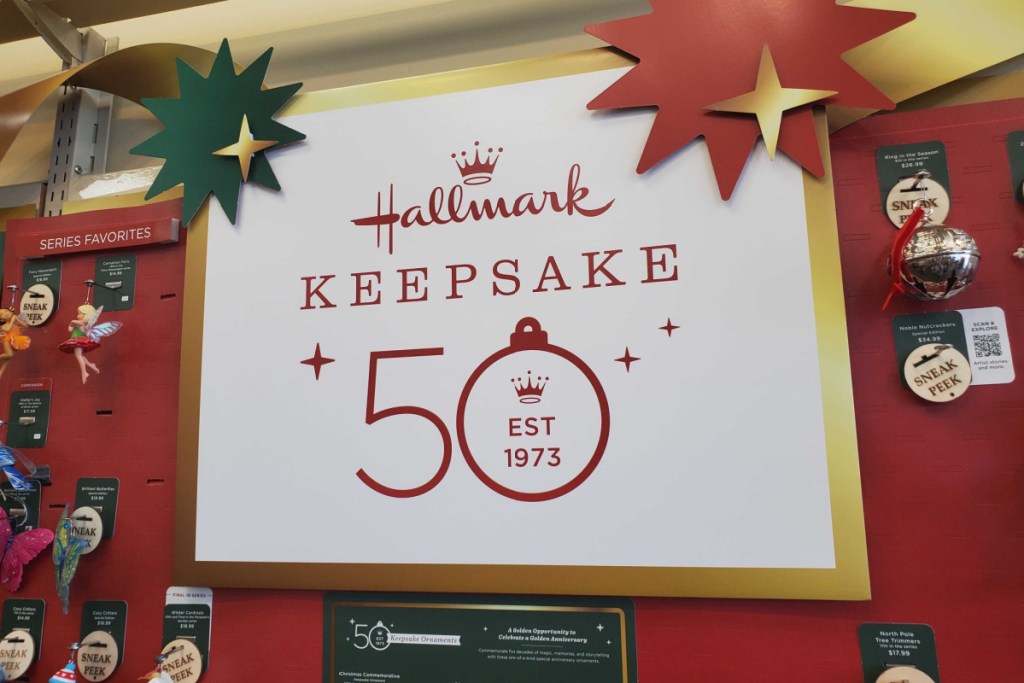 Signage for the 50th anniversary of the Hallmark Keepsake Ornament Premiere Event