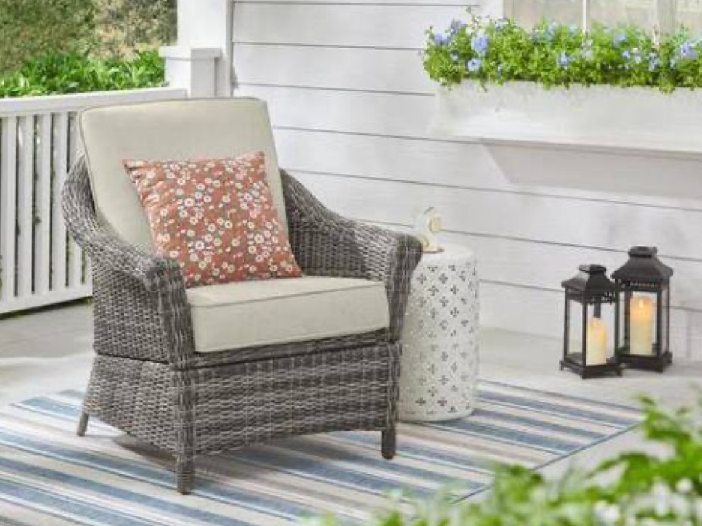 Hampton Bay Chasewood Outdoor Patio Stationary Lounge Chair w_ Cushion and lanterns
