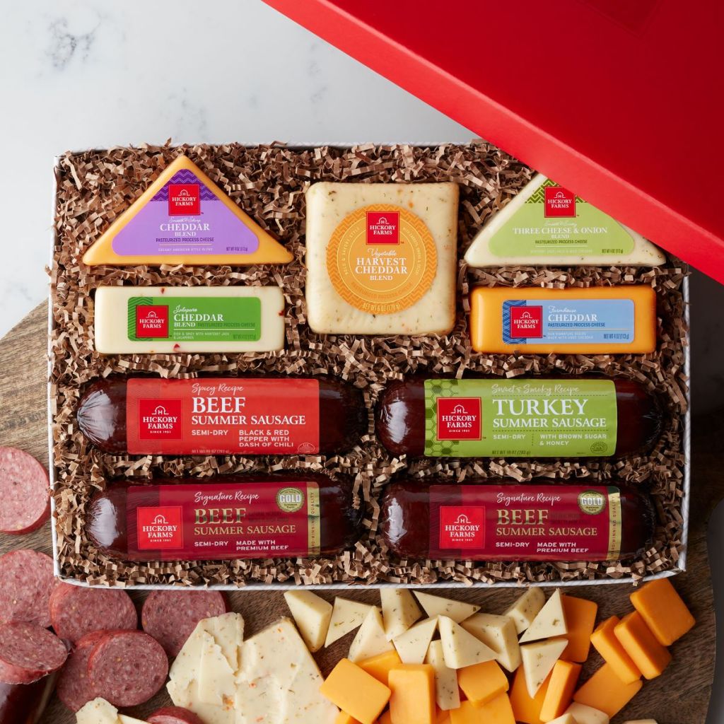 Gift box filled with Hickory Farms summer sausage and cheese