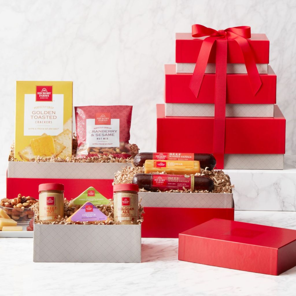 Gift boxes with Hickory Farms summer sausage, cheese, mustards, crackers and more snacks