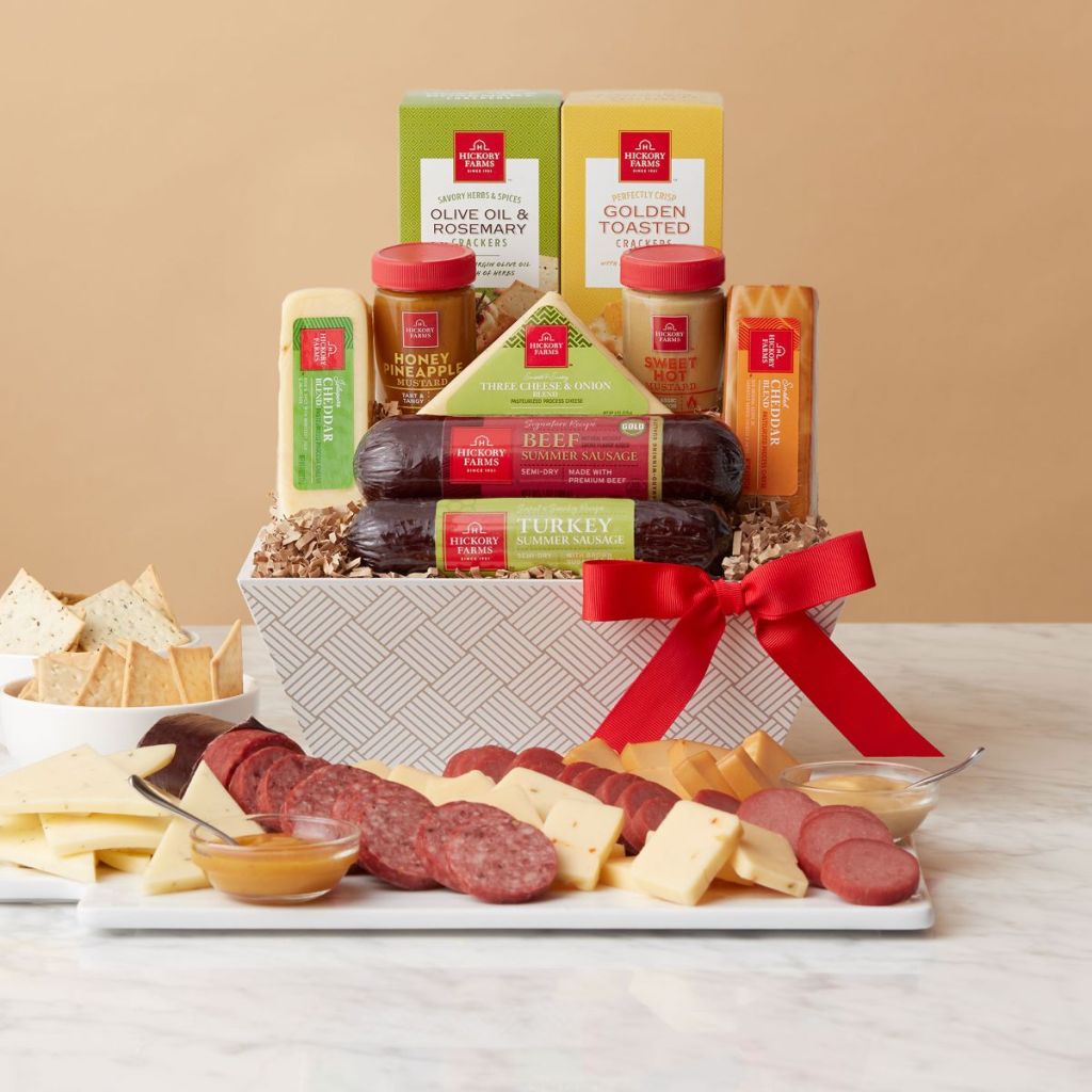Gift box with Hickory Farms summer sausage, cheese, mustards, crackers and more snacks