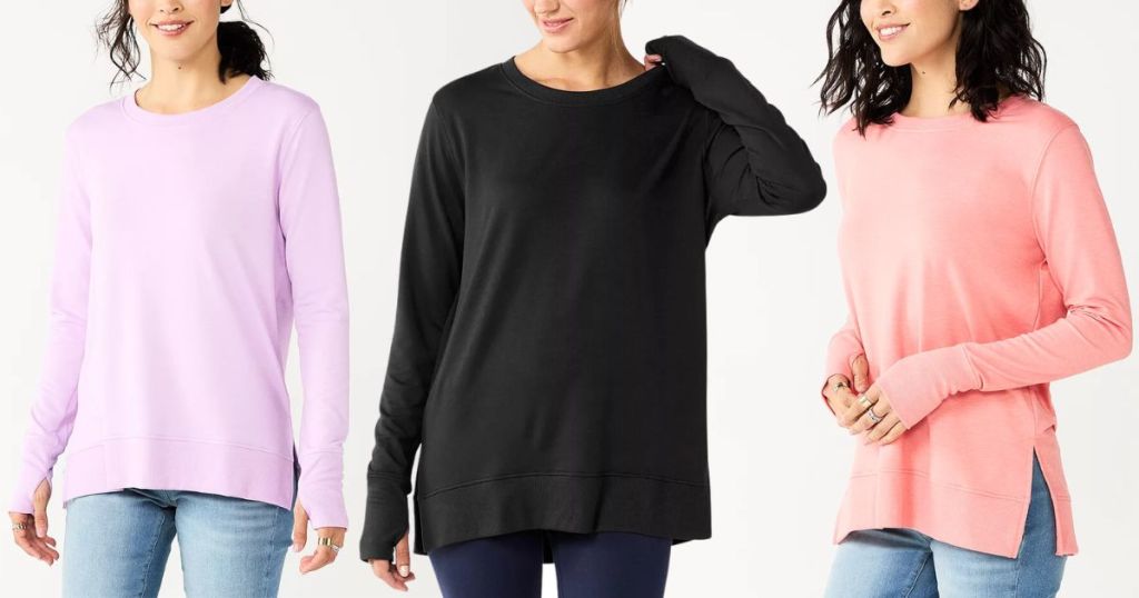 Women's Sonoma Goods For Life Super Soft Solid Tunic Sweatshirt shown in 3 colors on different women