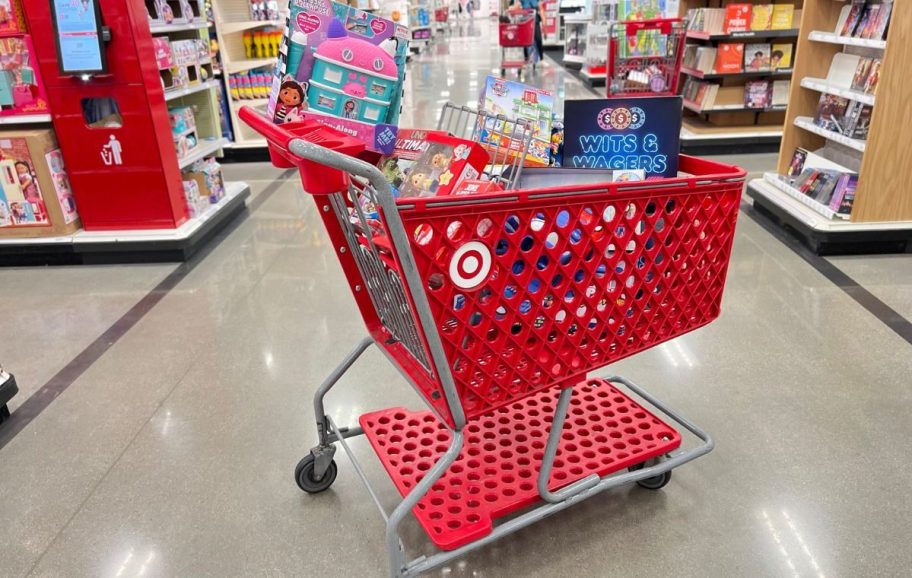 Target Shopping Cart filled with Toys Target from the Semi Annual Toy Clearance