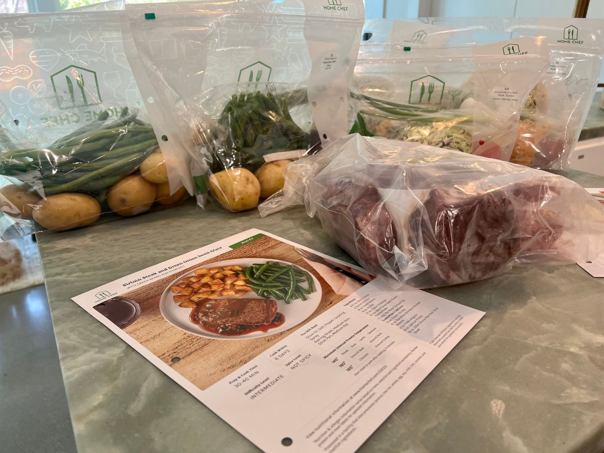 Home Chef recipe and Home Chef bags filled with ingredients