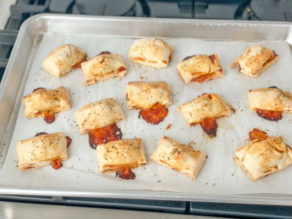 baked homemade pizza bites on a baking sheet