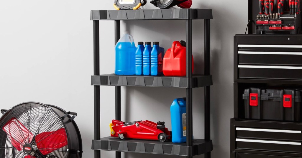 hyper tough storage shelf with materials in garage