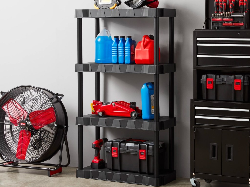 hyper tough storage shelf with materials in garage